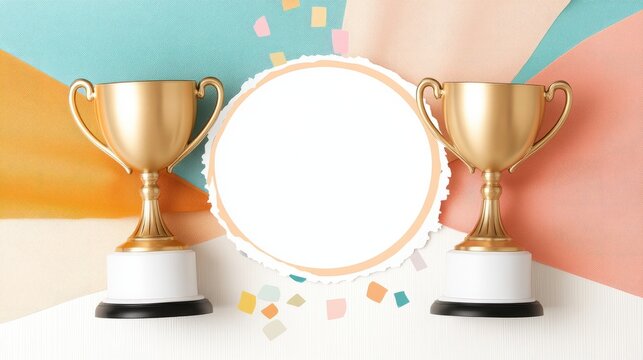 Celebrate achievements with elegant gold trophies on a colorful background in a bright, festive setting