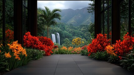 Stunning Tropical Landscape View with Lush Foliage and Vibrant Blossoms