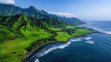 Fototapeta premium Lush Green Mountains Overlooking Serene Coastal Landscape with Blue Ocean Waves