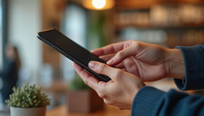 Person Engaged with Smartphone at Cafe