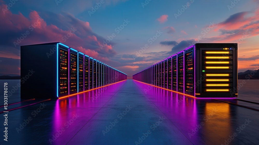 Poster futuristic data center with colorful lights at sunset in cloud computing environment