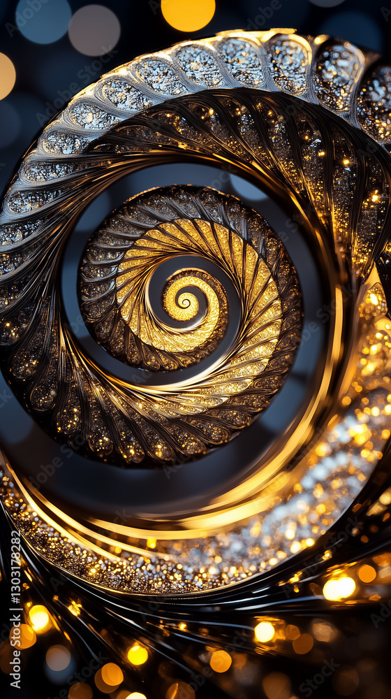 Poster a mesmerizing fractal pattern spirals infinitely, adorned with a metallic texture that reflects soft