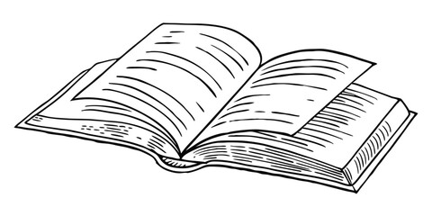 Open Book Sketch - Transparent Engraving, Scratch-Board Black & White Illustration