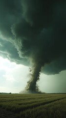 A dramatic scene of a tornado touching down in a vast, open field. Dark clouds swirl above, with debris being lifted into the air, capturing the raw power of nature in action