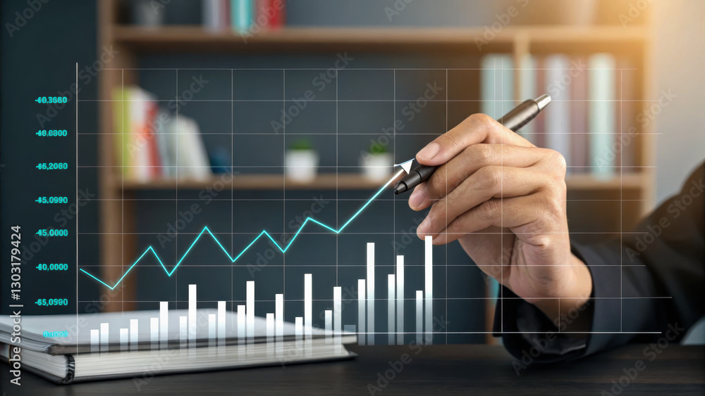 Poster hand holding pen points to fluctuating graph on digital screen, symbolizing growth and analysis in m