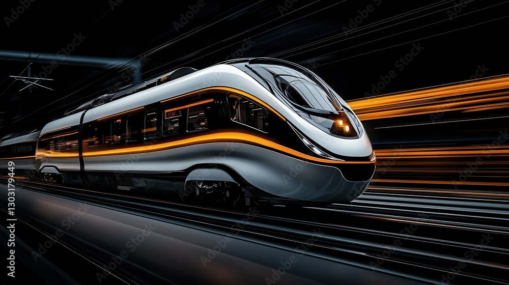 Poster sleek modern train in high-speed motion with dynamic light trails and darkness