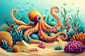 Obraz premium A lively depiction of colorful reefs and coral teeming with marine life in a sand environment.