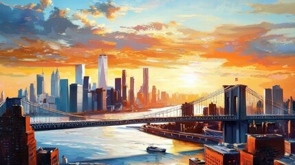 Stunning oil painting capturing a sunset over Manhattan.