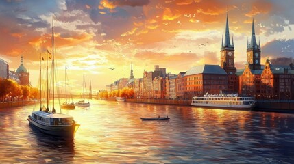 Naklejka premium A picturesque view of Hamburg's skyline captured in an oil painting.