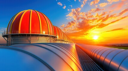Vibrant Sunset Over Industrial Rooftops with Colorful Domes and Dramatic Sky