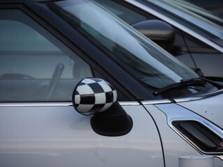 Mini Cooper with Checkered Mirror Cover, Close-Up Detail