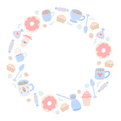 Colorful wreath art with sweet treats and coffee