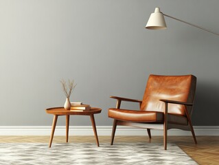 Fototapeta premium Warm Interior Featuring Leather Armchair Side Table Lamp Vase and Gray Wall creating a Relaxing Home Atmosphere