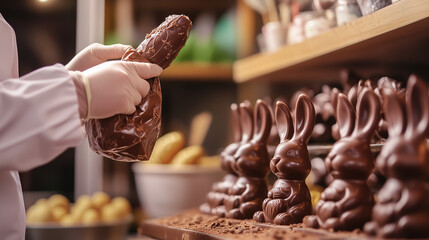 A chocolate artisan displays chocolate bars and treats in a confectionery chocolate shop with a detailed chocolate display and chocolate packaging.