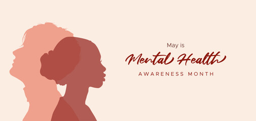 Mental Health Awareness Month banner design with silhouette of woman head in profile. Minimalist flat illustration highlighting emotional well-being, support, and psychological health