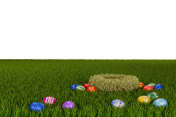 Easter eggs and straw nest on green grass with empty space
