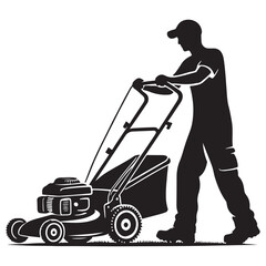 Silhouette Man Mowing Lawn with Mower Vector Landscaping Service Design