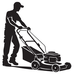 Silhouette Man Mowing Lawn with Mower Vector Landscaping Graphic Design