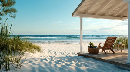 Obraz premium Tranquil Beach Scene with Chair and Scenic Ocean View Under Clear Blue Sky