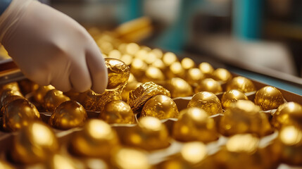 A hand picks golden chocolate pieces in a confectionery, showcasing a sweet shop and candy factory with chocolate bar packaging and chocolate treats.