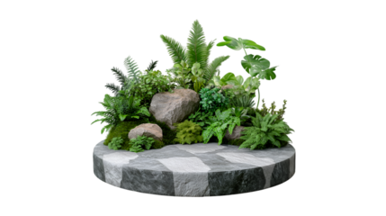 Stone Podium with Green Plants and Moss Miniature Garden Scene, on Transparent Background