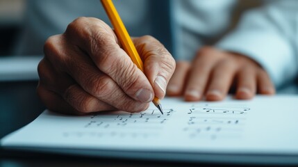 close-up of hand writing musical notes in notebook, with pencil