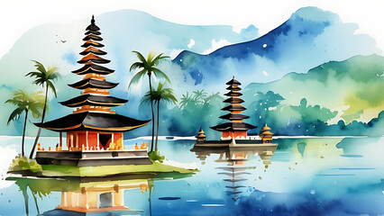 Obraz premium Ulun Danu Beratan Temple Watercolor Painting with Lake and Mountain View