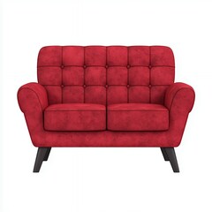 Fototapeta premium Red Velvet Tufted Loveseat with Dark Wooden Legs