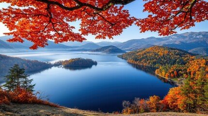 Scenic Autumn Landscape Overlooking Calm Lake Surrounded by Colorful Forest