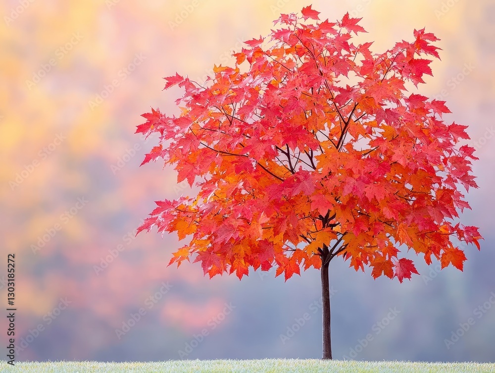 Poster vibrant red maple tree in autumn with blurred colorful background scenery