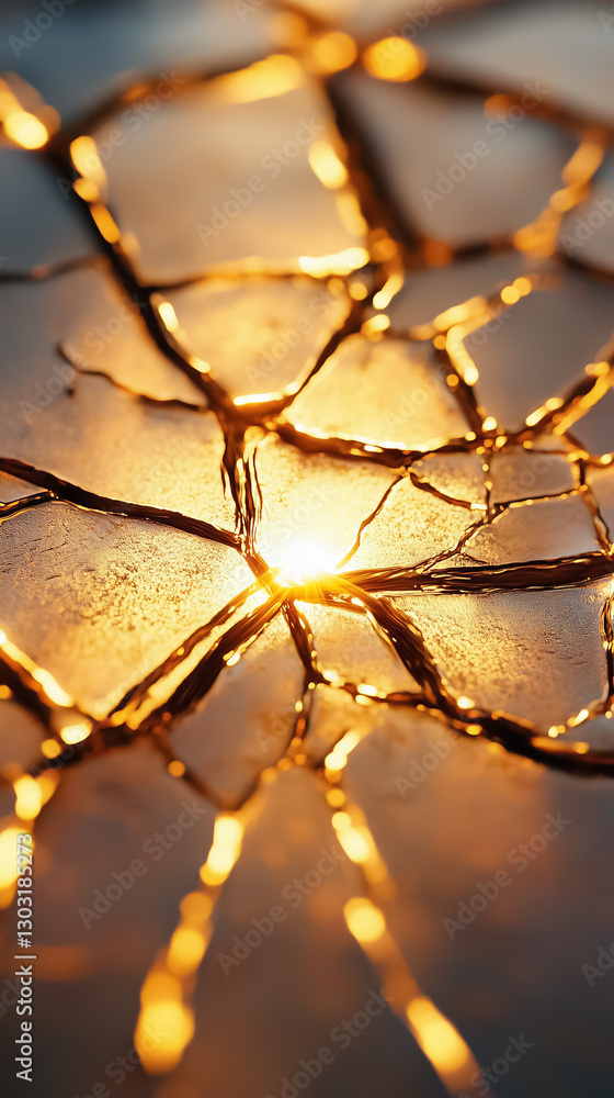 Poster cracks in the surface allow radiant light to seep through, creating a mesmerizing interplay of shado