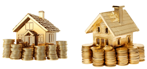 A Set A house made of gold, surrounded by stacks of coins on a Transparent background