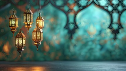 Beautiful glowing hanging lanterns illuminate a decorative ornamental background scene