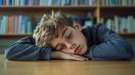 Tired sleepy napping exhausted fatigued overworked overload pupil teen boy teenager sleep, boring class lesson sleeping at table school