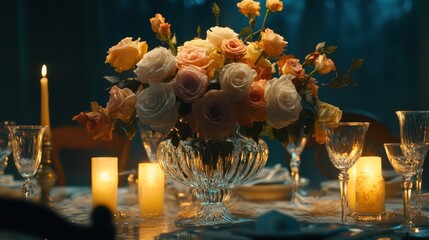 Fototapeta premium Romantic Dinner Setting with Mixed Roses in Vase