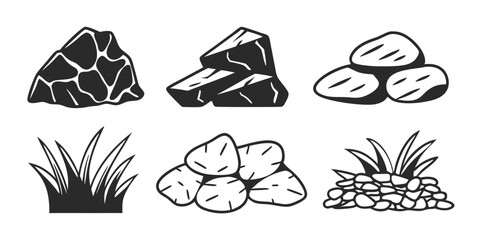Nature Stones Doodle Set - Gravel, Boulders, Pebbles, Minerals, Black & White Sketch
