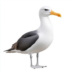 Fototapeta premium White and gray albatross standing on white background. Detailed view of bird's plumage, beak, and feet. Profile view of a seabird