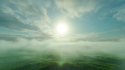 The sun shining brightly through thin clouds over a vast green meadow