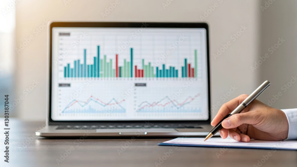 Poster laptop screen displaying financial charts with person writing notes. scene conveys professional atmo