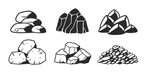 Nature Stones Doodle Set - Gravel, Boulders, Pebbles, Minerals, Black & White Sketch