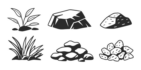 Nature Stones Doodle Set - Gravel, Boulders, Pebbles, Minerals, Black & White Sketch