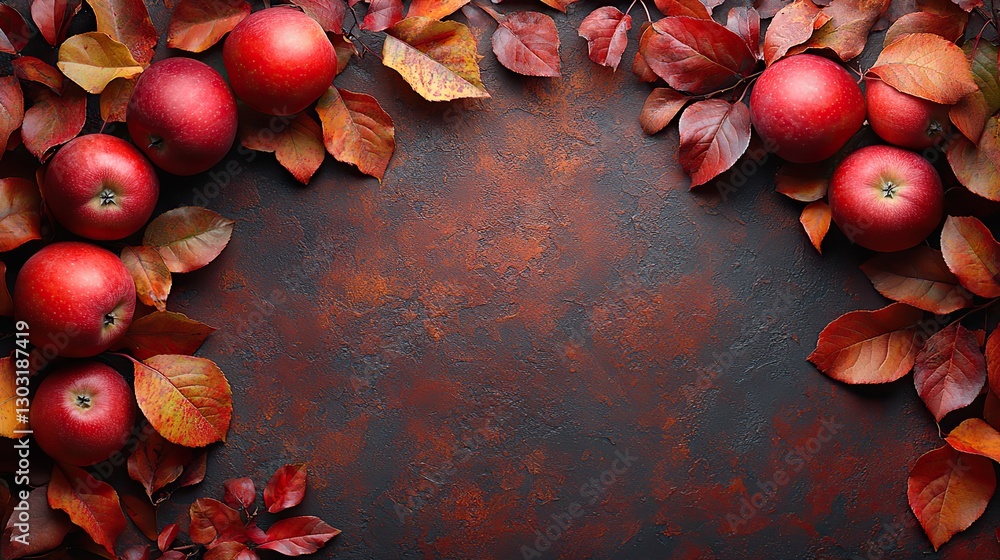 Poster autumn background with apples and leaves on wooden board top view with copy space