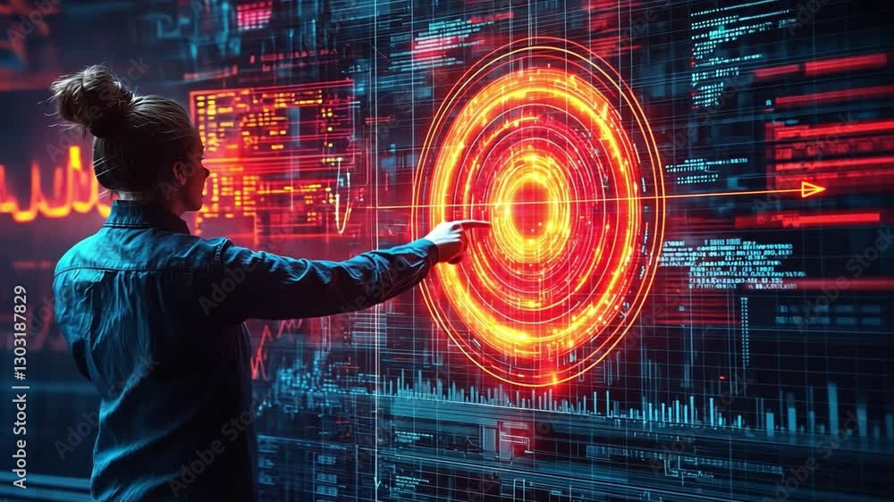 Poster data visualization: a determined woman interacts with complex data visualization, indicating future 