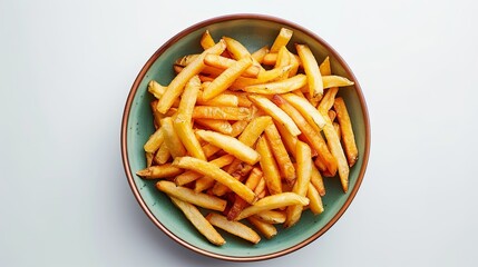 Golden crispy french fried potatoes served in a decorative ceramic bowl