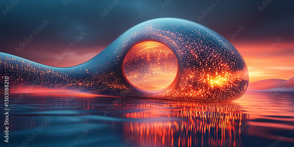 Poster a spherical structure glows with shifting patterns of a data matrix as the twilight sky reflects vib