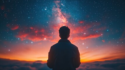back view of man looking at night sky with stars and nebula