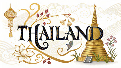 Elegant Thailand typography with a golden stupa, delicate floral details, and Thai ornaments, sophisticated travel-inspired design for cultural branding and tourism promotion