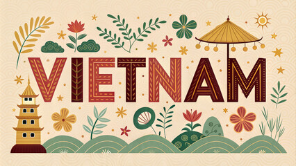 Vietnam decorative typography with nature-inspired details, pagoda, flowers, and conical hat, folk art-style illustration for travel branding and tourism design projects