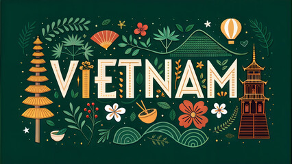 Decorative Vietnam lettering with iconic elements, lanterns, nature, and traditional symbols, vibrant travel-inspired design for tourism branding and cultural promotion