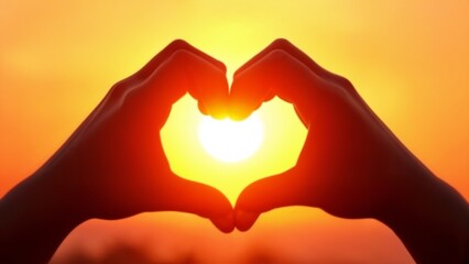 Two hands making a heart shape with the sun in the background.